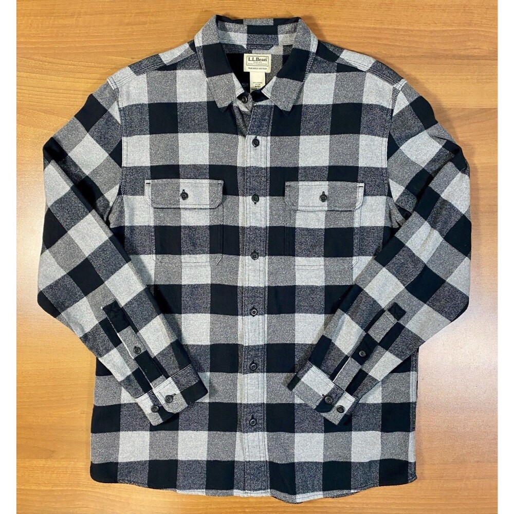 LL Bean Buffalo Plaid Flannel Shirt Mens M Slightly Fitted Gray Black Soft NWT